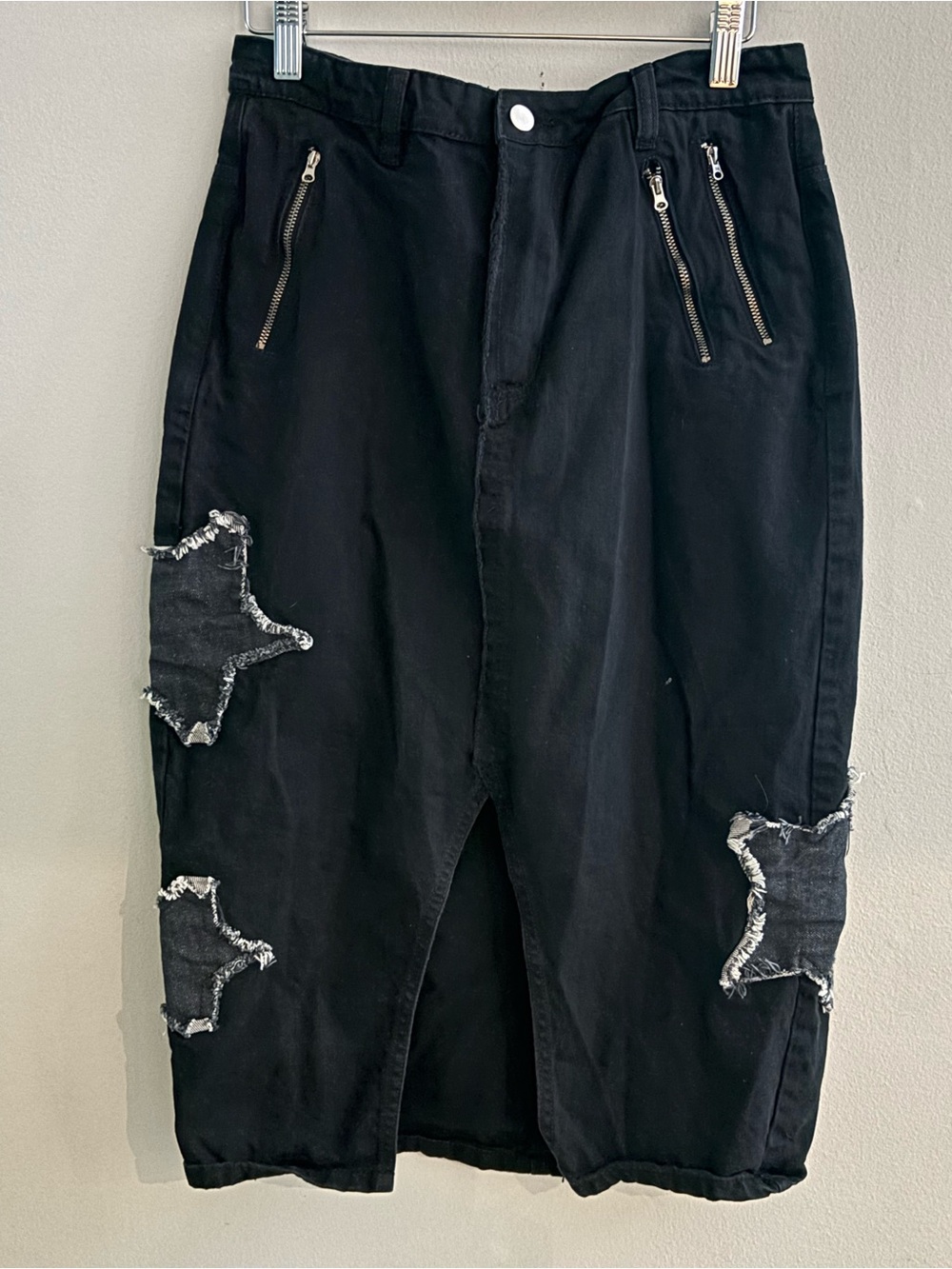 Daisy Street Star Patch Black Denim Midi Skirt Zipper Pockets Size Small Y2K